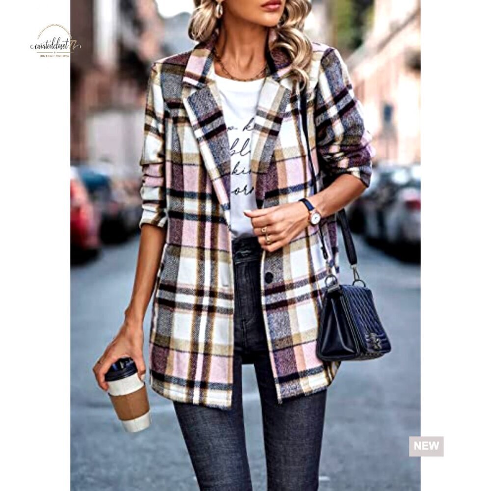 Plaid Shacket Jacket Trendy Fall Casual Button Wool Blend Trench Coat Winter - Picture 2 of 7